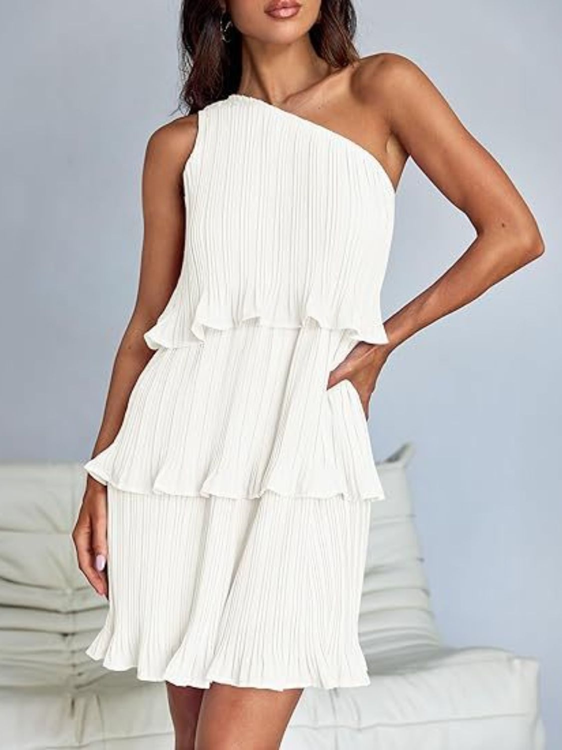 Layered Single Shoulder Mini Dress | Mini Sleeveless Dress W/ Asymmetrical neck