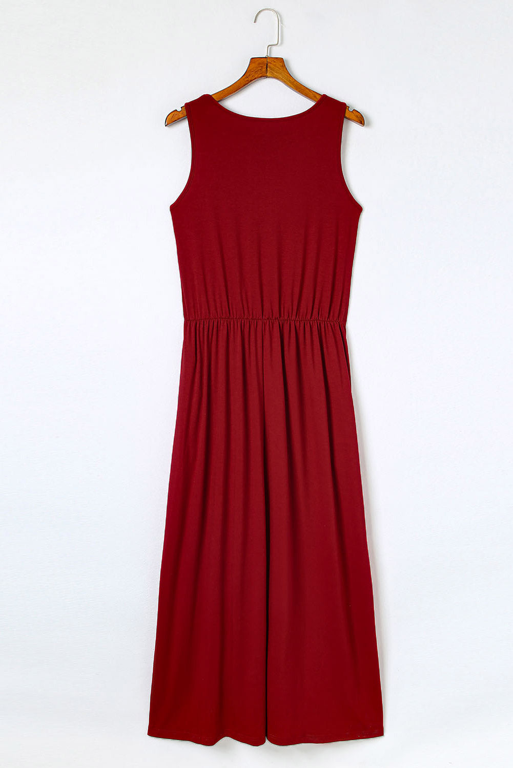 Slit Round Neck Sleeveless Dress | Casual Solid Pocketed Polyester Midi Dress