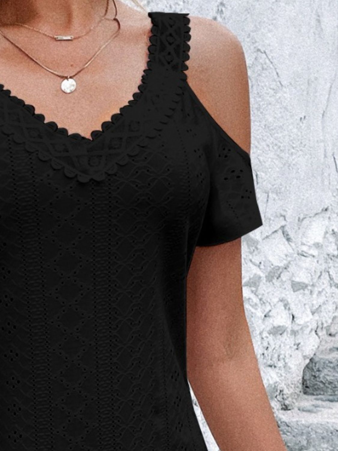 Eyelet V-Neck Cold Shoulder Mini Dress | Casual A-Line Stretchy Solid Dress