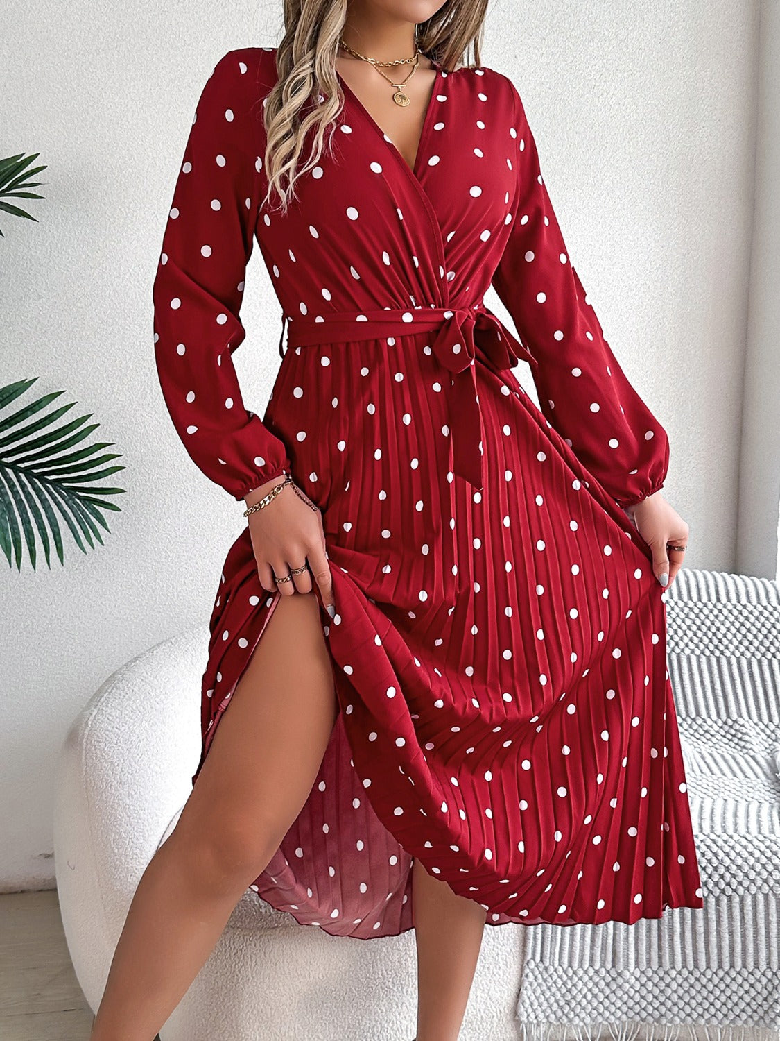 Tied Polka Dot Long Sleeve Midi Dress | Casual A-Line polyester Pleated Dress