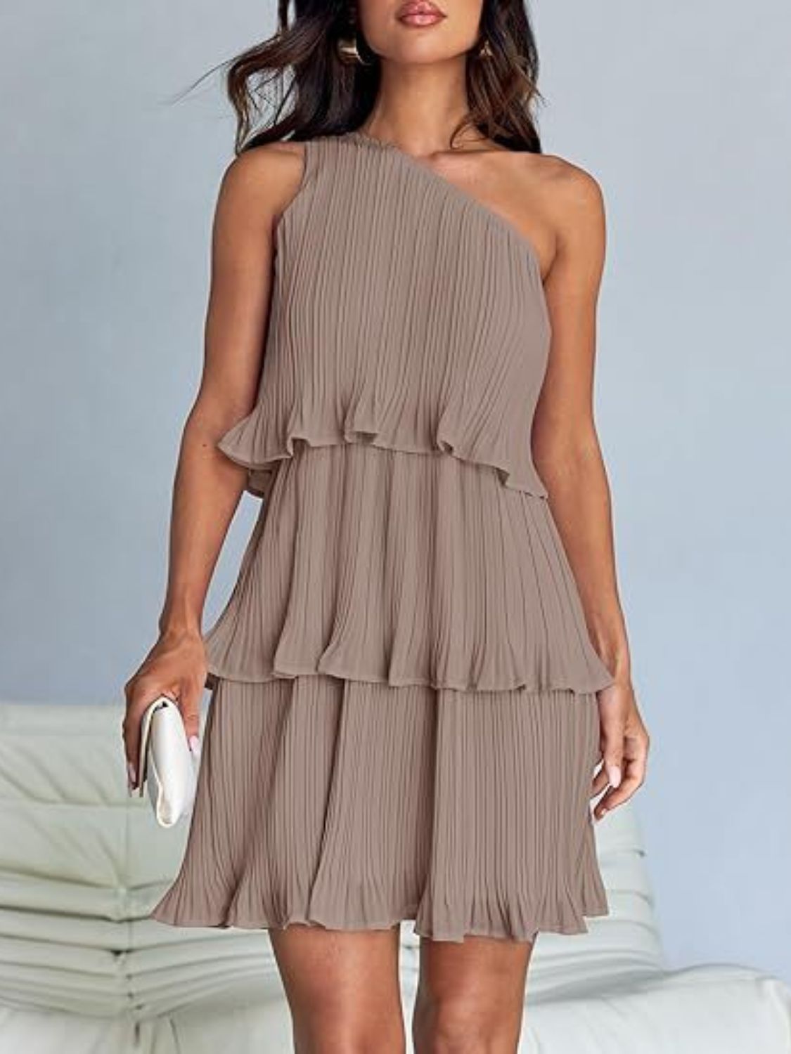 Layered Single Shoulder Mini Dress | Mini Sleeveless Dress W/ Asymmetrical neck