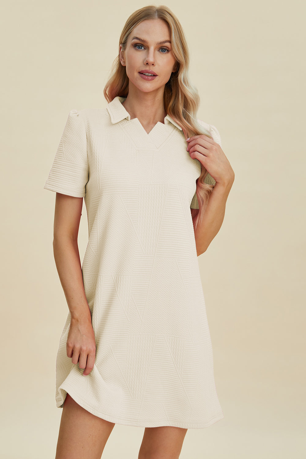 Double Take Full Size Texture Short Sleeve Dress | Casual Mini Collar Neck Dress