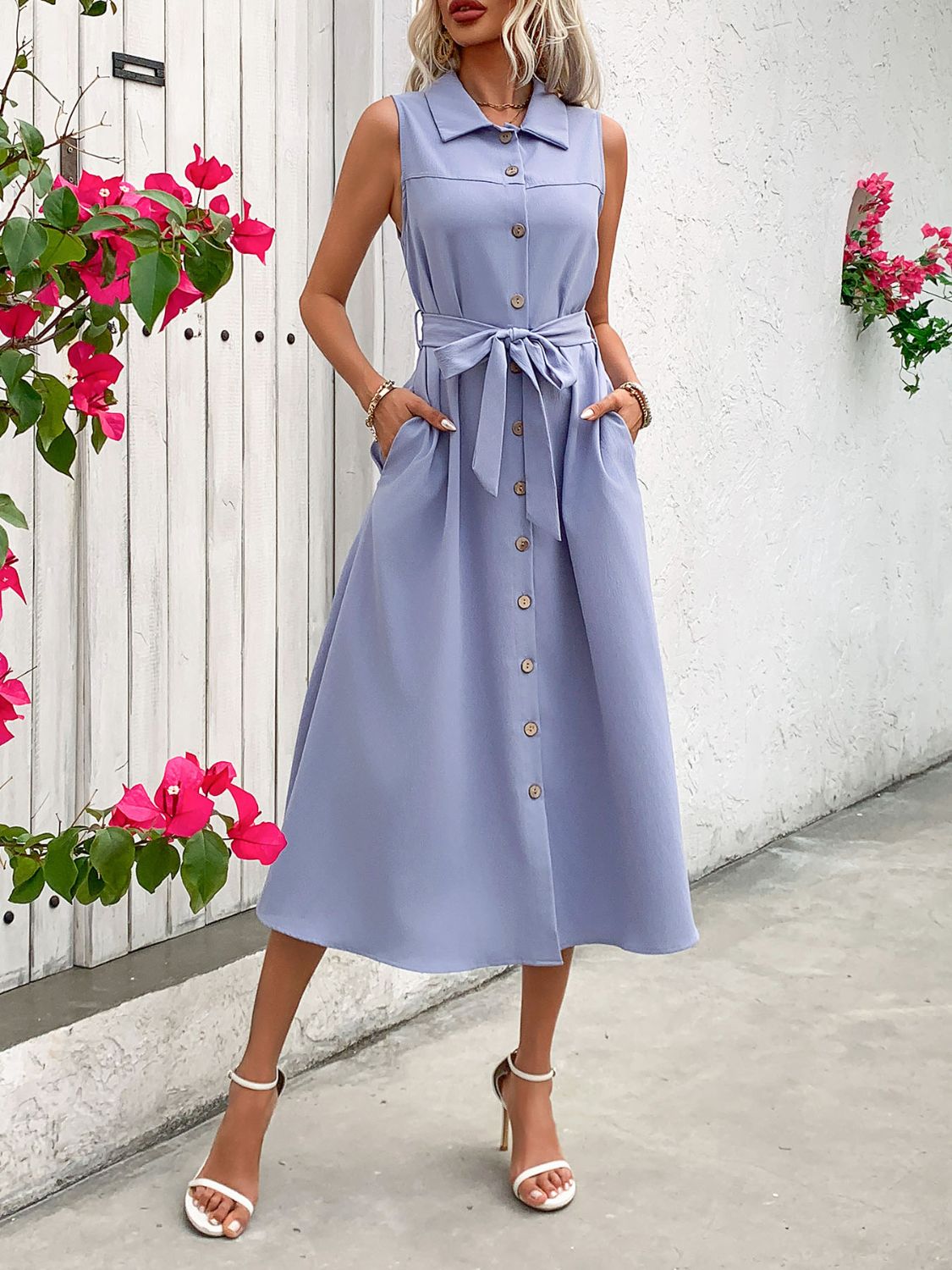 Collared Neck Sleeveless Dress | Midi A-line Sleeveless Dress W/ Tie Waist