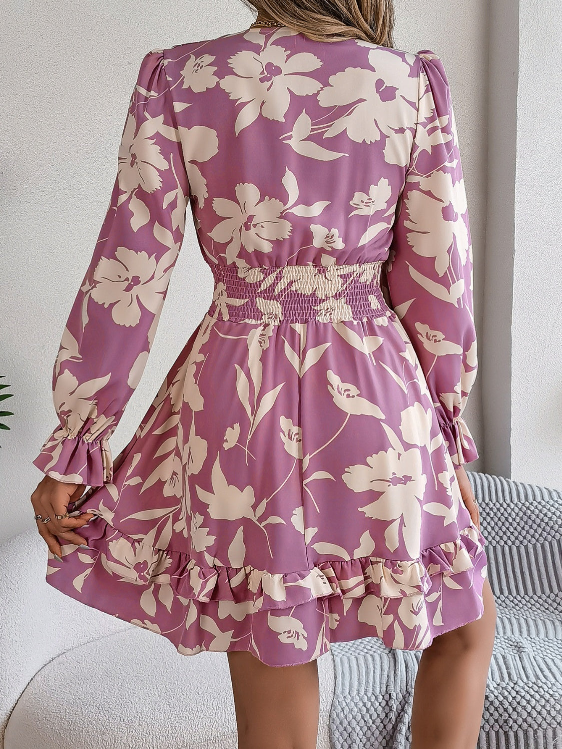 Tied Ruffled Printed Long Sleeve Dress | Casual Mini Floral A-Line Dress