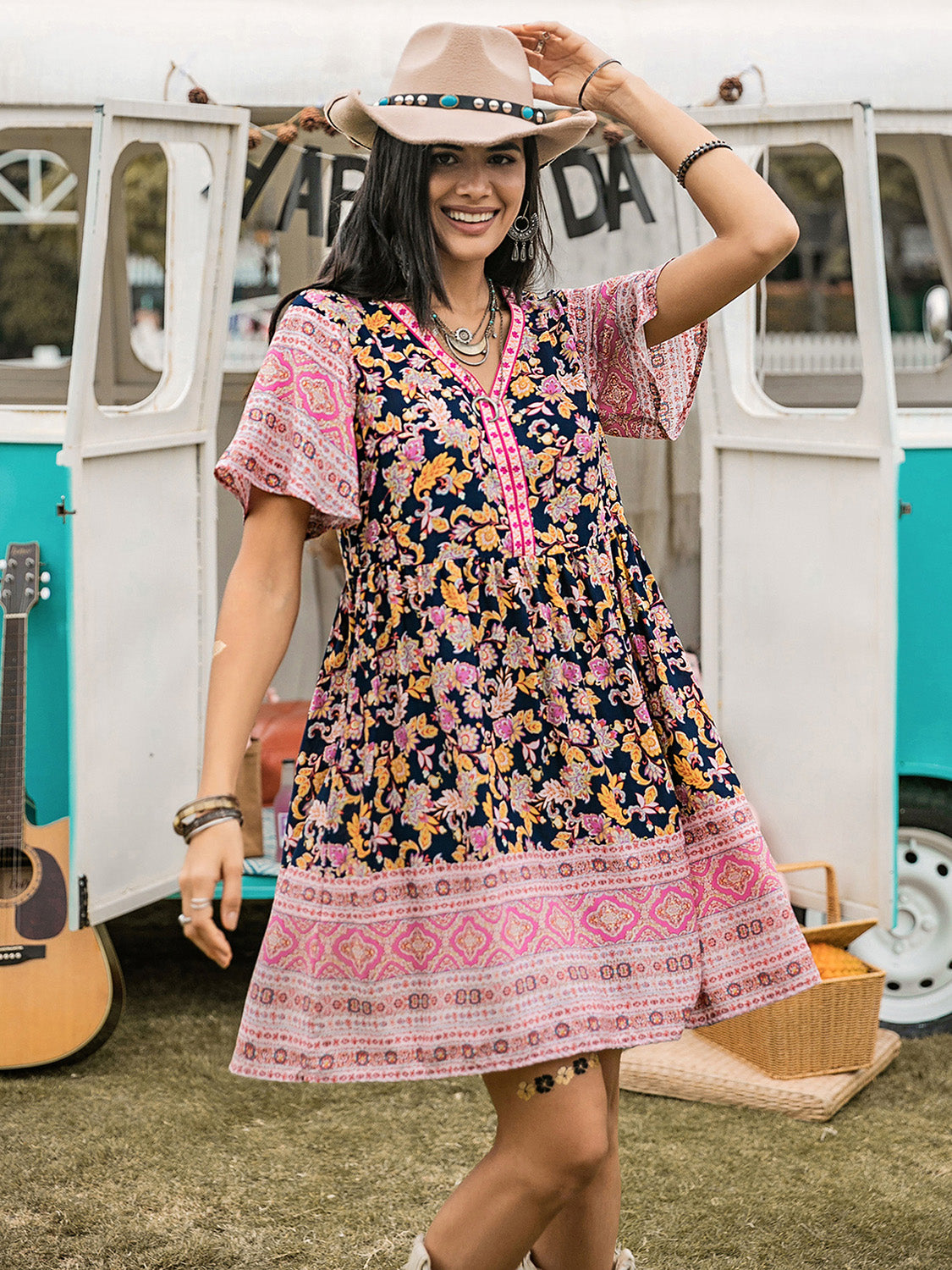 Printed V-Neck Short Sleeve Dress | Casual Mini A-line Bohemian Viscose Dress