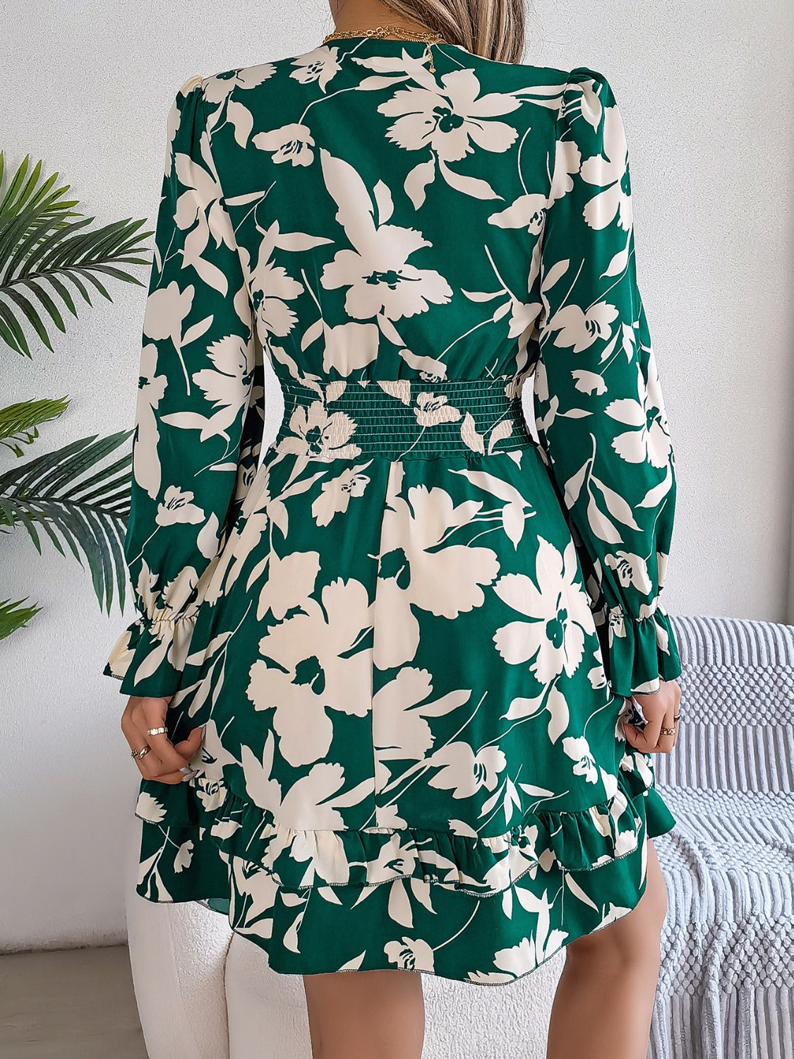 Tied Ruffled Printed Long Sleeve Dress | Casual Mini Floral A-Line Dress