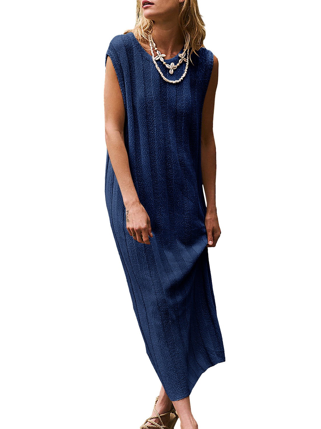 Round Neck Sleeveless Knit Dress | Casual Maxi Wide Stripes Acrylic Dress