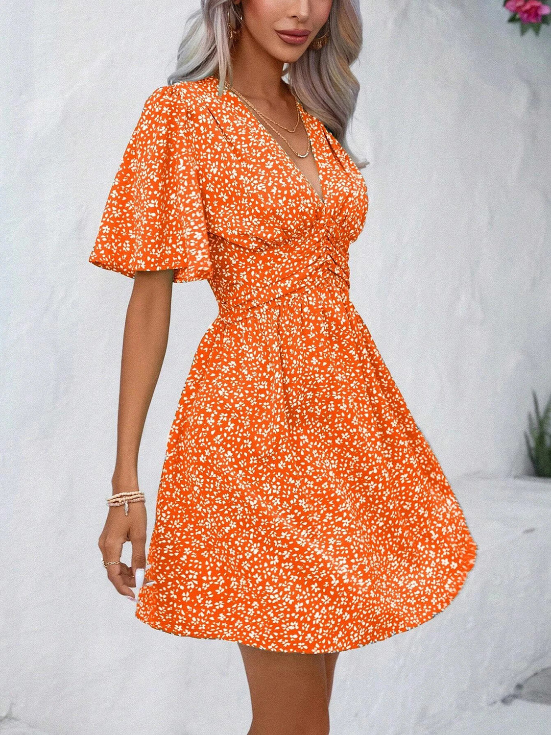 Printed V-Neck Half Sleeve Mini Dress | A-Line Floral Polyester Dress W/ V-Neck