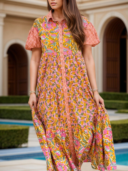 Printed Collared Neck Short Sleeve Midi Dress | Casual Polyester Floral Dress