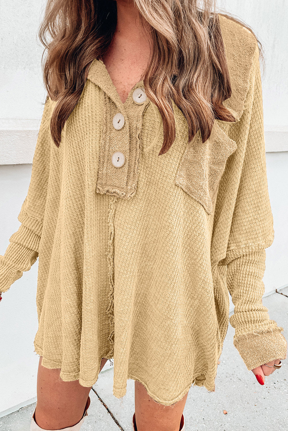 Waffle Knit Buttoned Long Sleeve Top with Breast Pocket | Top With Wide Collar