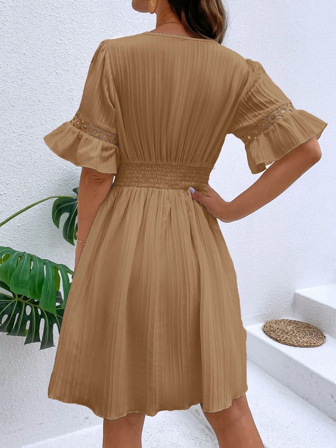 Cutout V-Neck Flounce Sleeve Mini Dress | Casual A-Line Ruffled Polyester Dress