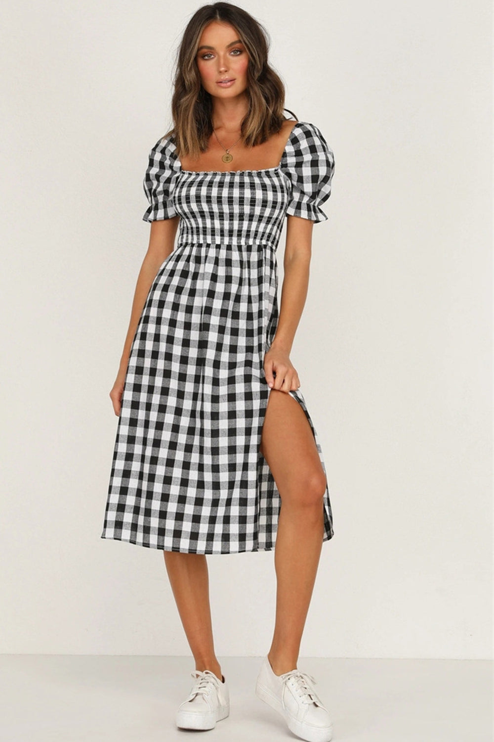 Full Size Slit Plaid Short Sleeve Midi Dress | A-Line Midi Smocked Dress