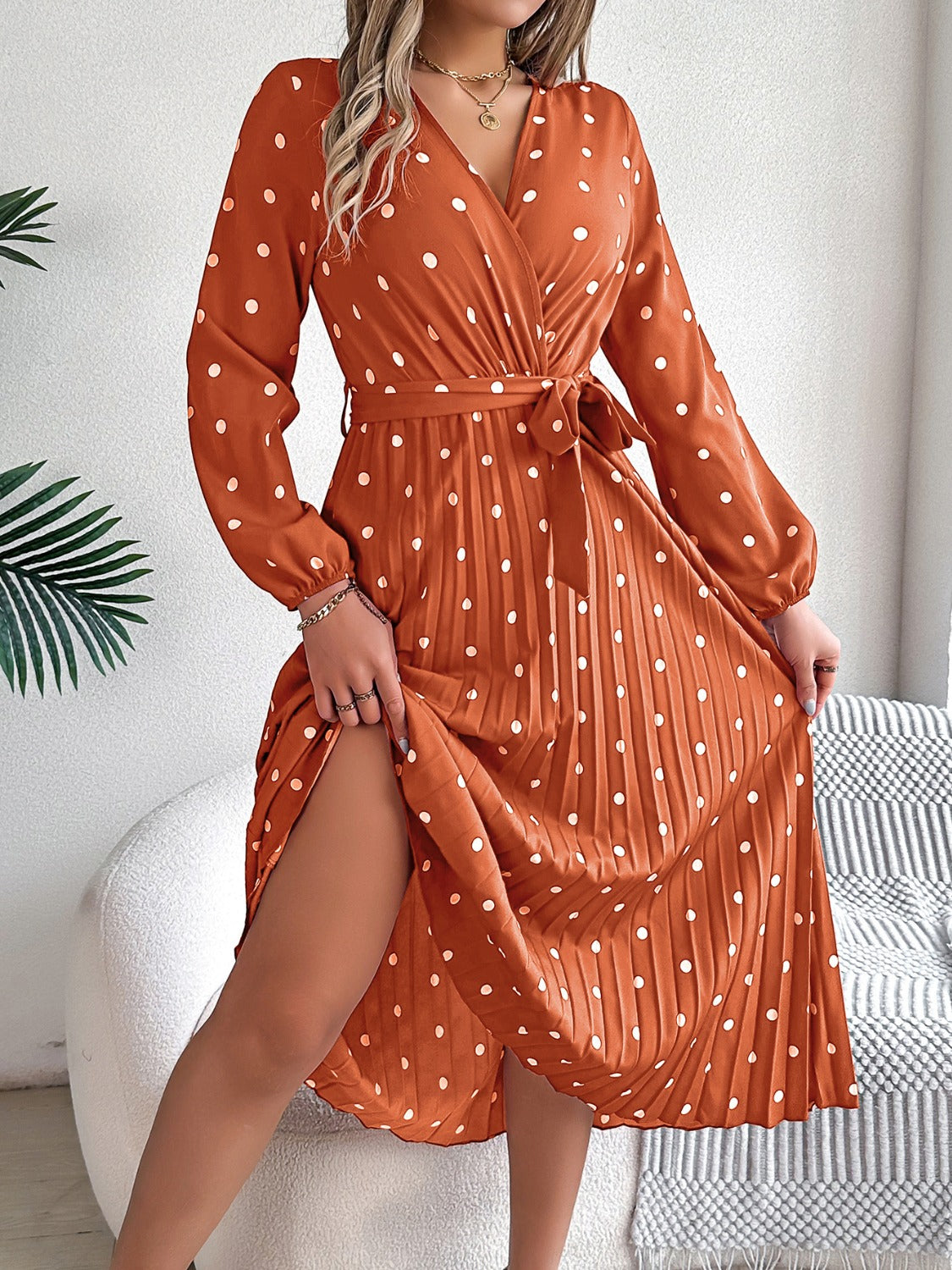 Tied Polka Dot Long Sleeve Midi Dress | Casual A-Line polyester Pleated Dress