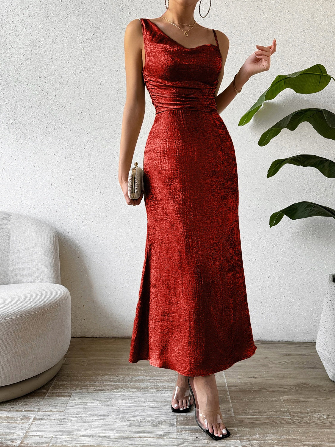 Asymmetric Neck Sleeveless Midi Dress | Formal Midi Sheath Polyester Dress