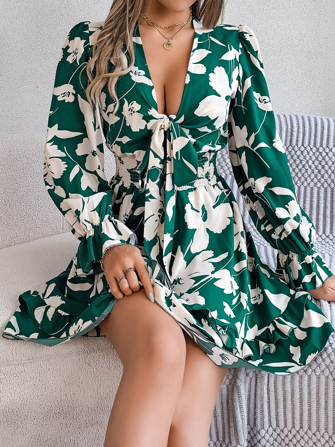 Tied Ruffled Printed Long Sleeve Dress | Casual Mini Floral A-Line Dress