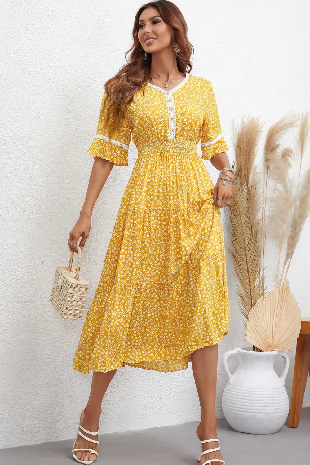 Floral V-Neck Smocked Waist Midi Dress | A-Line Printed Casual Half Sleeve Dress