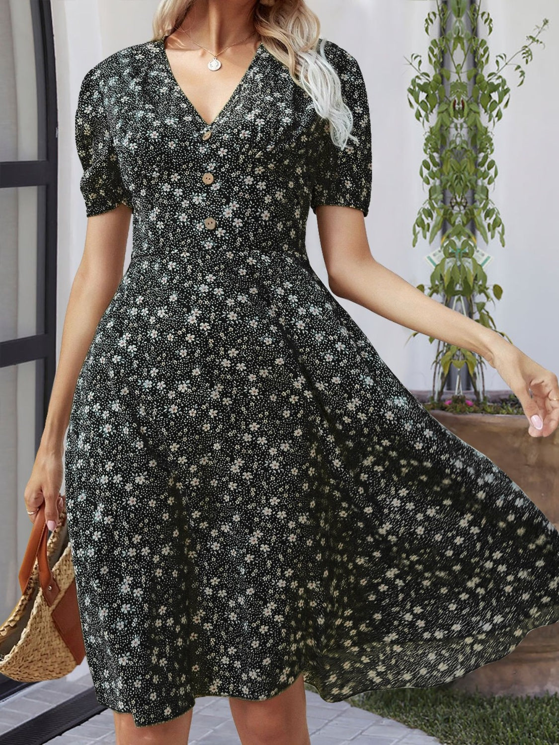 Printed V-Neck Short Sleeve Dress | A-Line Buttoned Floral Printed Dress