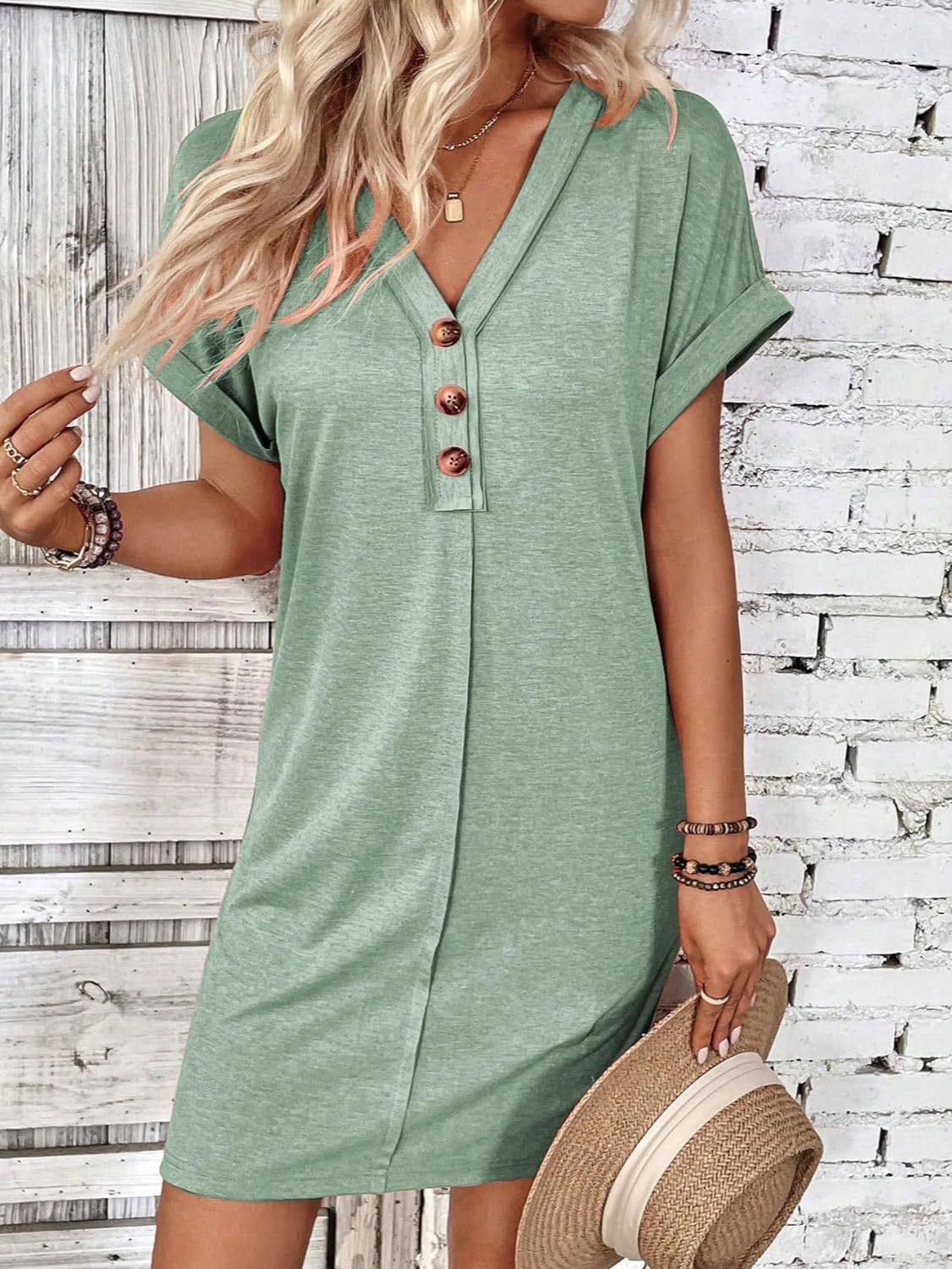 Quarter Button V-Neck Short Sleeve Dress | Casual Mini Solid Polyester Dress