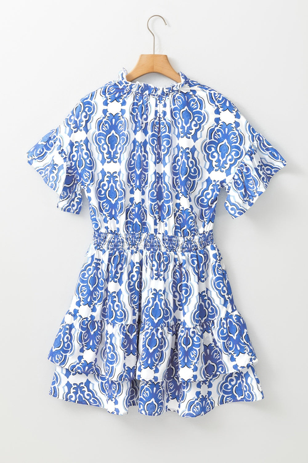 Printed Tie Neck Short Sleeve Mini Dress | Casual Polyester Ruffle Dress