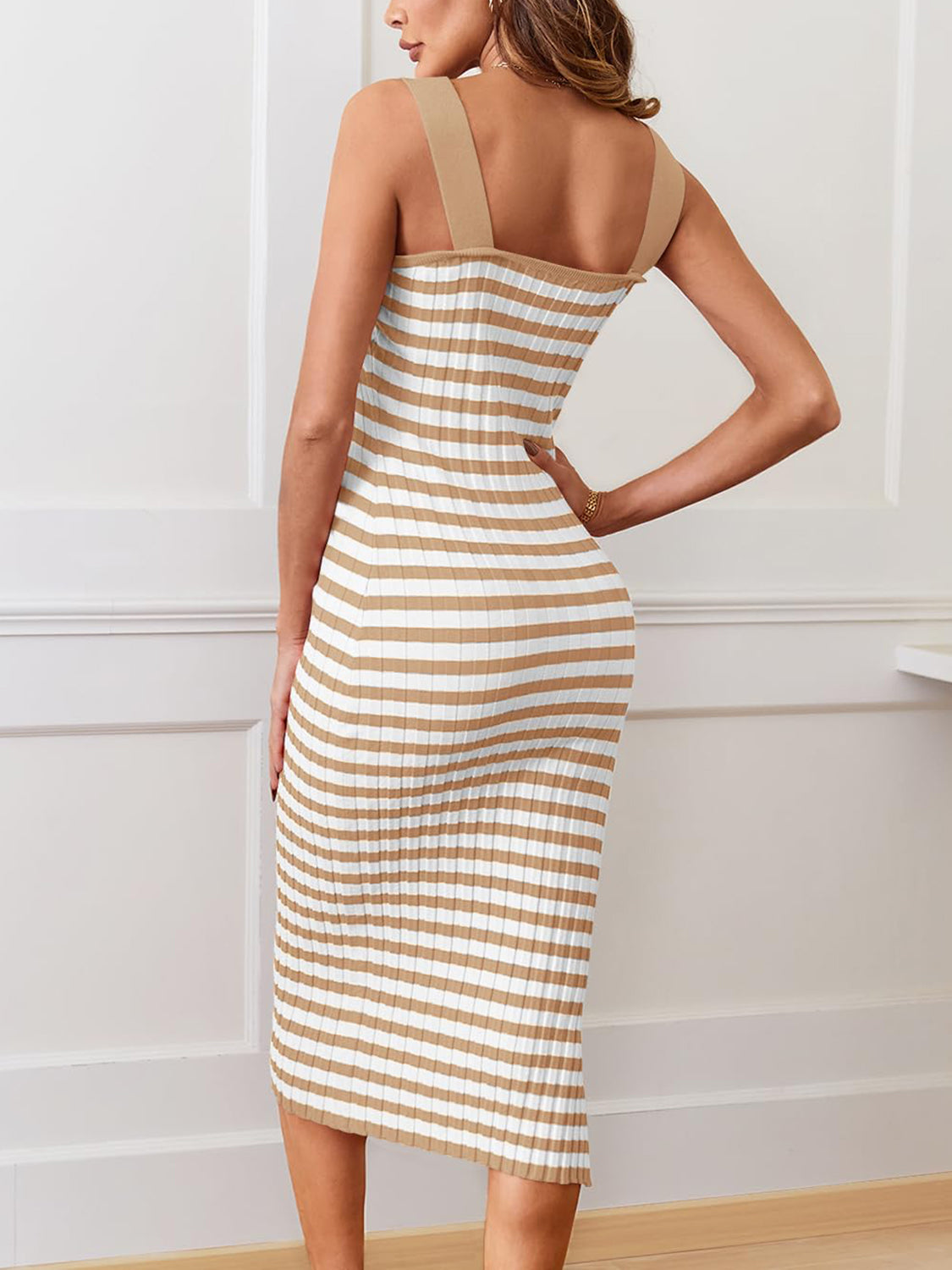 Slit Striped Square Neck Cami Dress | Casual Sleeveless Midi Acrylic Dress