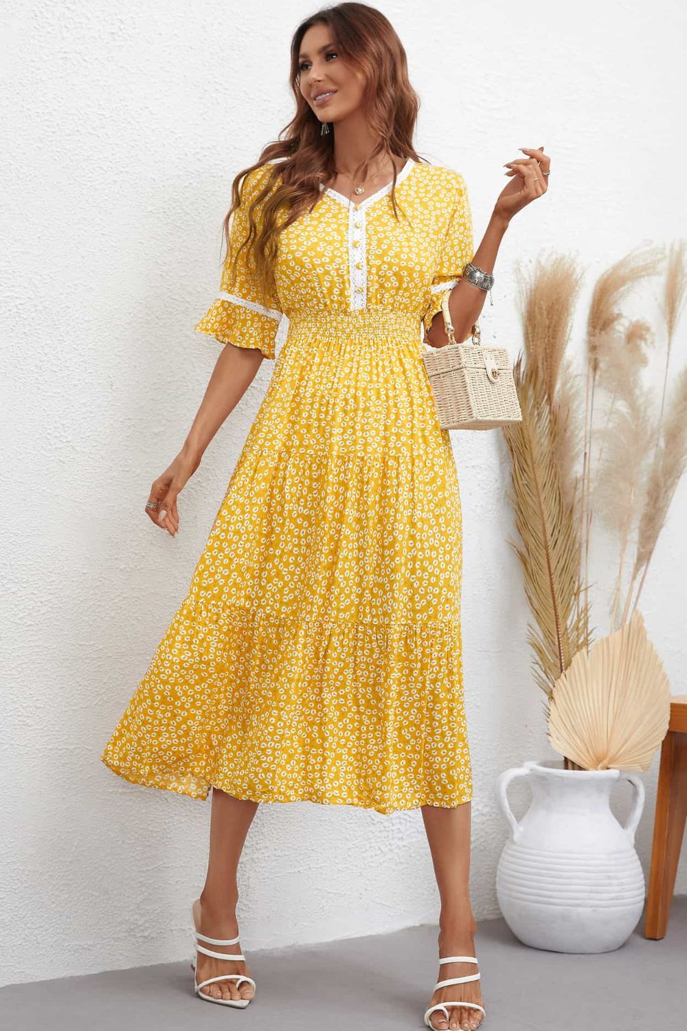 Floral V-Neck Smocked Waist Midi Dress | A-Line Printed Casual Half Sleeve Dress