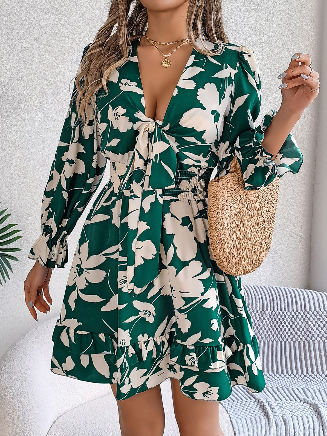 Tied Ruffled Printed Long Sleeve Dress | Casual Mini Floral A-Line Dress