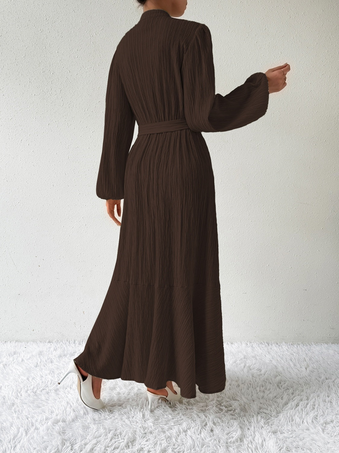 Tie Waist Long Sleeve Dress | A-Line Maxi Solid Buttoned Textured Dress