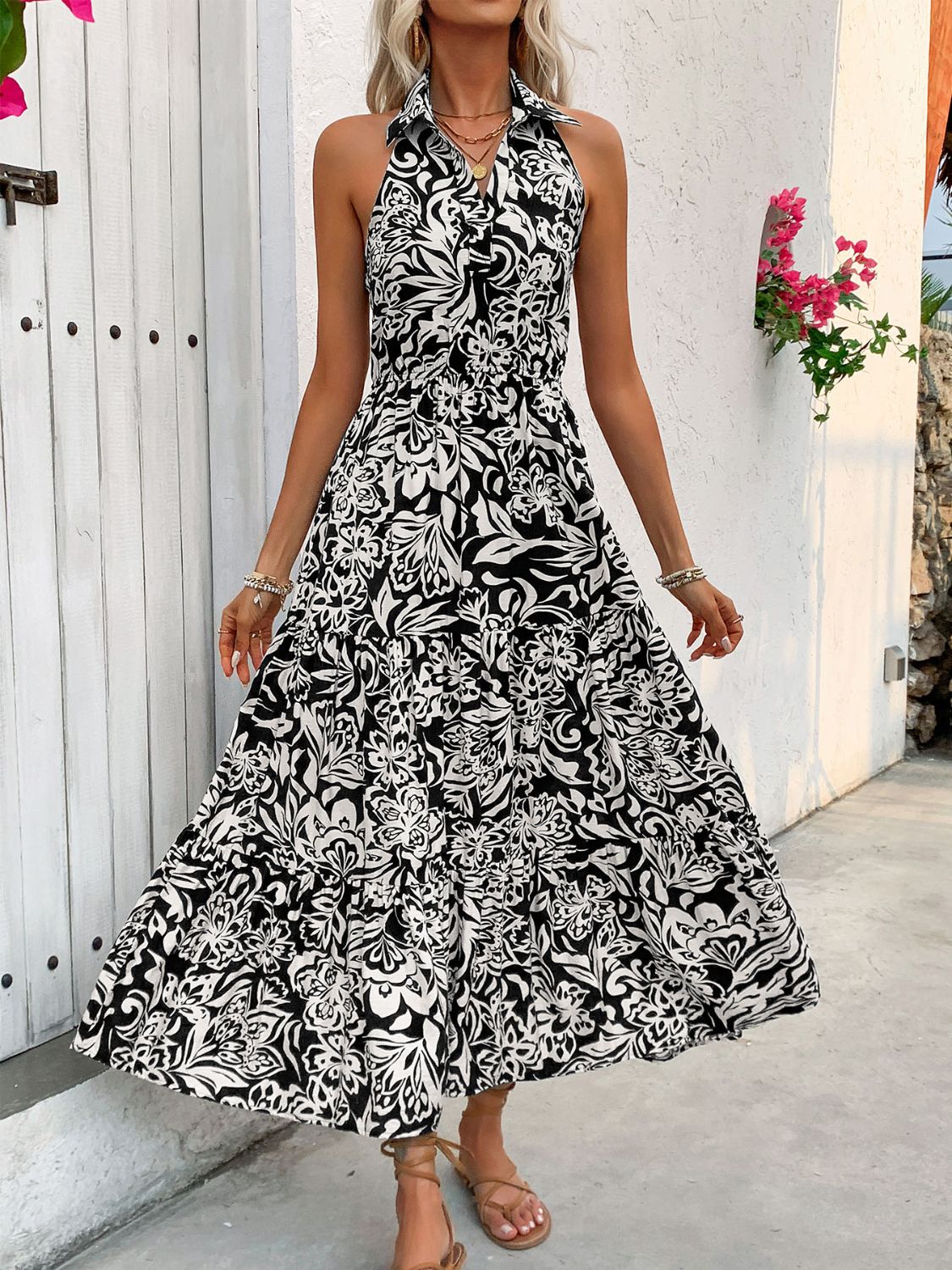 Backless Smocked Printed Sleeveless Midi Dress | Floral A-Line Halter Neck Dress