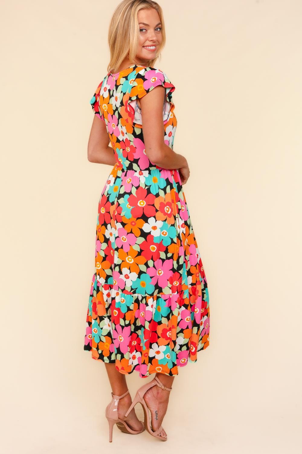 Haptics Floral Midi Dress with Side Pockets | Casual A-Line Ruched Dress