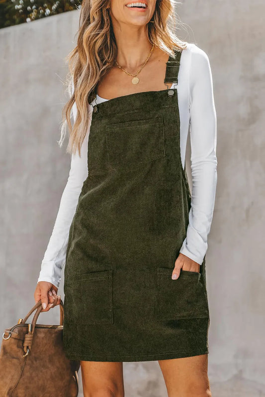 Pocketed Square Neck Wide Strap Overall Dress | Sleeveless Polyester Dress