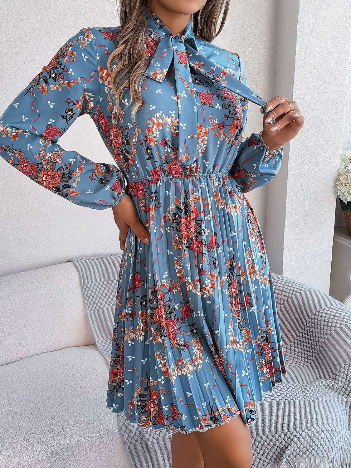 Pleated Printed Tie Neck Long Sleeve Dress | Casual Mini A-Line Floral Dress