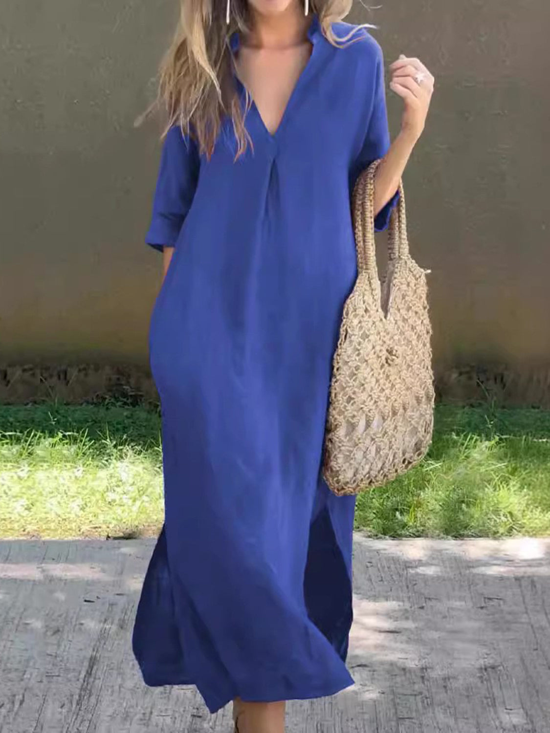 Full Size Notched Half Sleeve Midi Dress | Casual Polyester Dress W/ V-neck