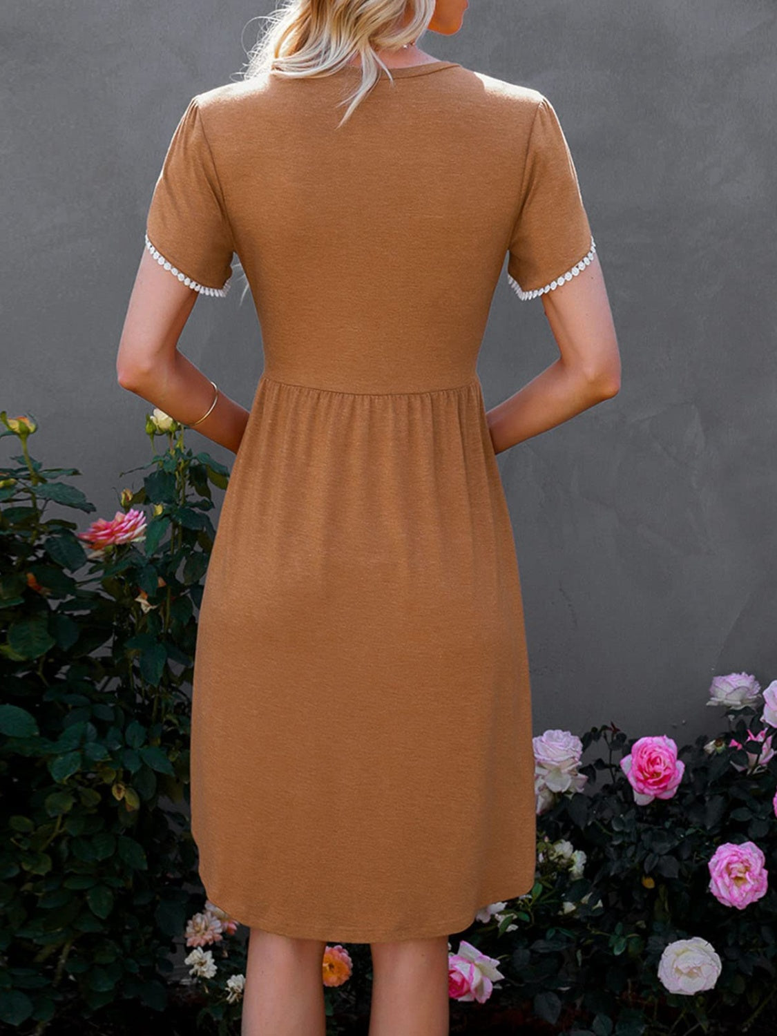 Round Neck Petal Sleeve Dress | Casual A-line Cotton Solid Dress W/ Round Hem