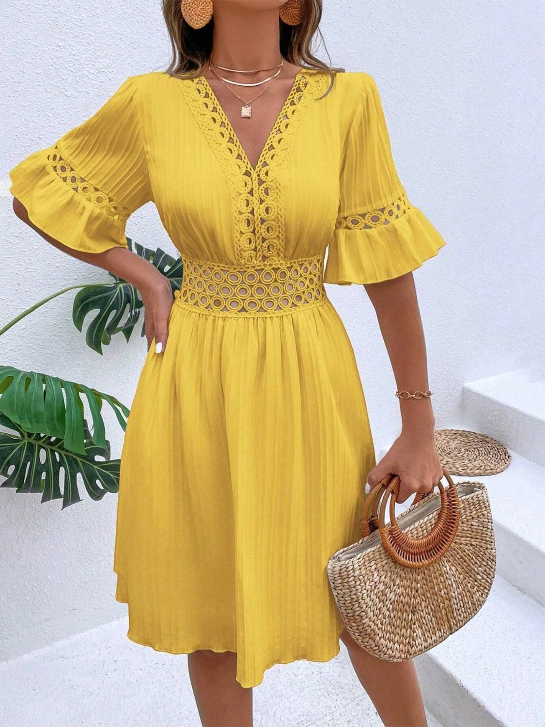 Cutout V-Neck Flounce Sleeve Mini Dress | Casual A-Line Ruffled Polyester Dress