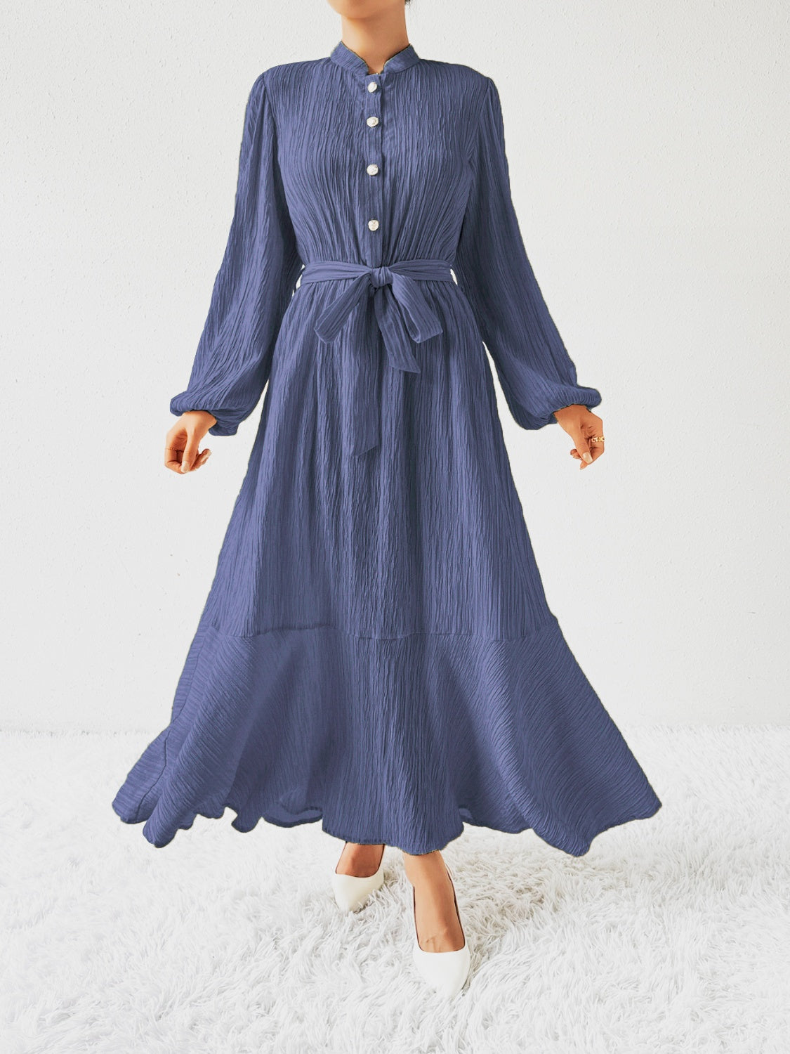 Tie Waist Long Sleeve Dress | A-Line Maxi Solid Buttoned Textured Dress