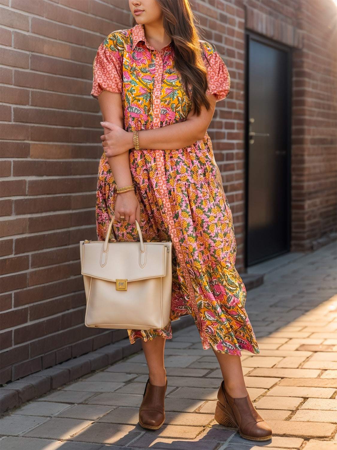 Printed Collared Neck Short Sleeve Midi Dress | Casual Polyester Floral Dress