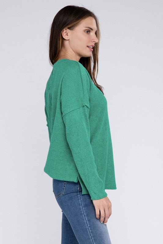 Ribbed Brushed Melange Hacci Sweater with a Pocket | Oversized Casual Sweater