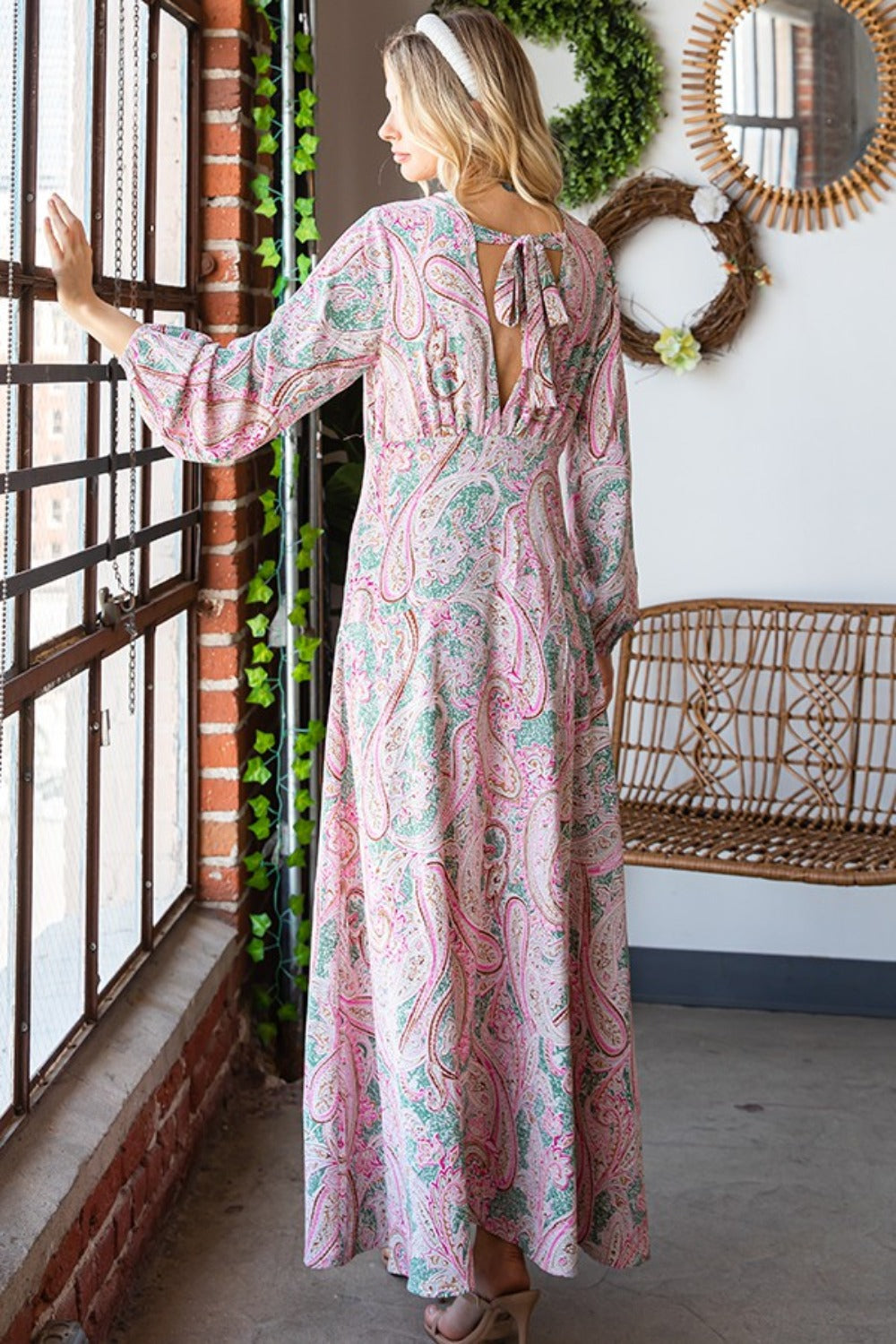 First Love Paisley Print Tie-Back Long Sleeve Maxi Dress | Casual Floral Dress