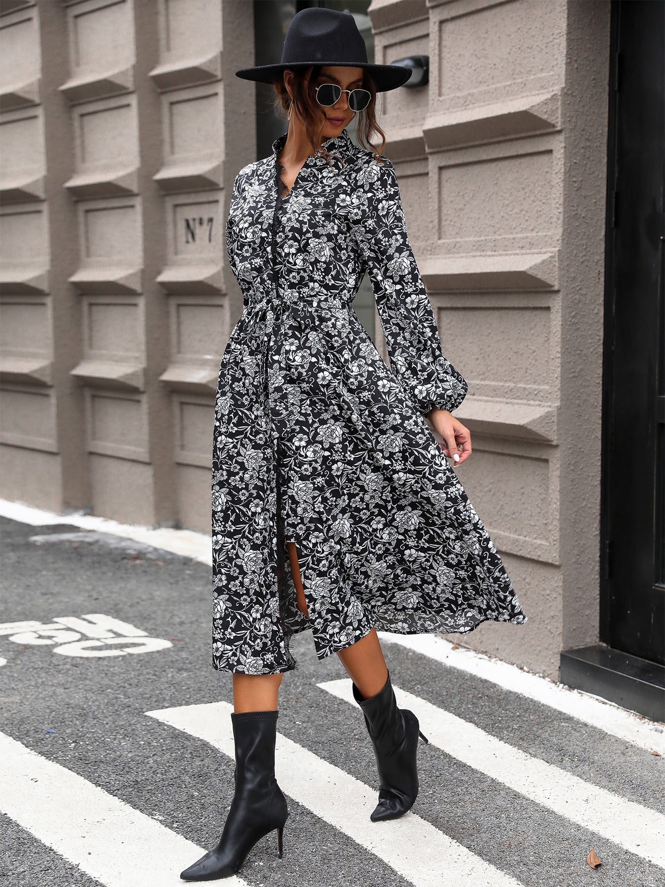 Lace Detail Printed Long Sleeve Midi Dress | Casual A-Line Polyester Tied Dress