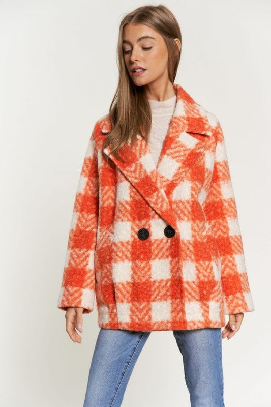 Fuzzy Boucle Textured Double Breasted Coat Jacket | Plaid Pocketed Jacket