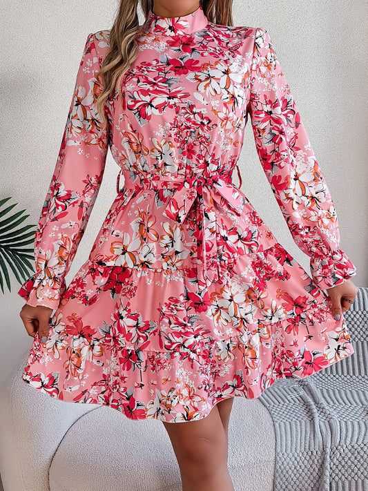 Printed Mock Neck Flounce Sleeve Mini Dress | Casual Floral Polyester Dress