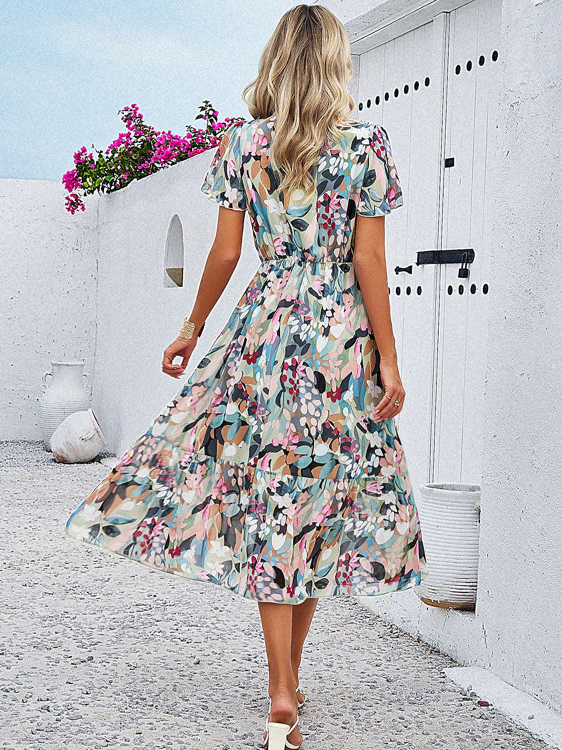 Printed V-Neck Flutter Sleeve Midi Dress | A-Line Floral Lined Ruched Dress