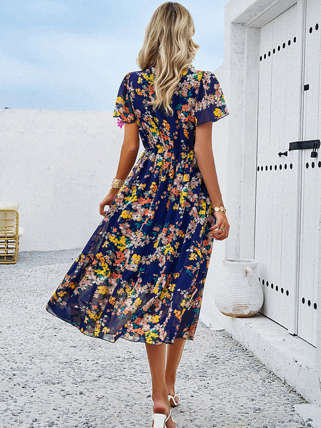 Printed V-Neck Flutter Sleeve Midi Dress | A-Line Floral Lined Ruched Dress