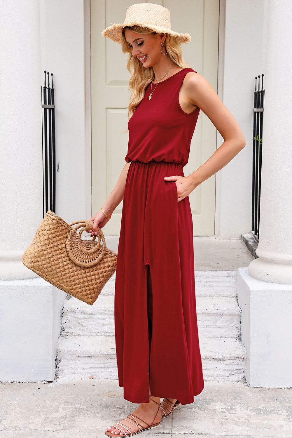 Slit Round Neck Sleeveless Dress | Casual Solid Pocketed Polyester Midi Dress