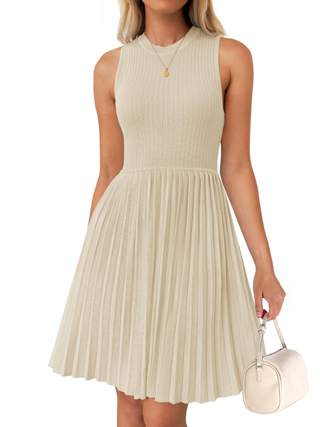 Pleated Round Neck Sleeveless Mini Tank Dress | Casual Solid Acrylic Dress