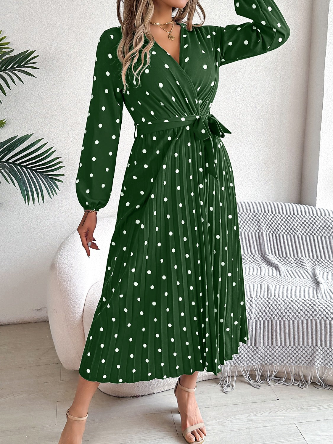 Tied Polka Dot Long Sleeve Midi Dress | Casual A-Line polyester Pleated Dress