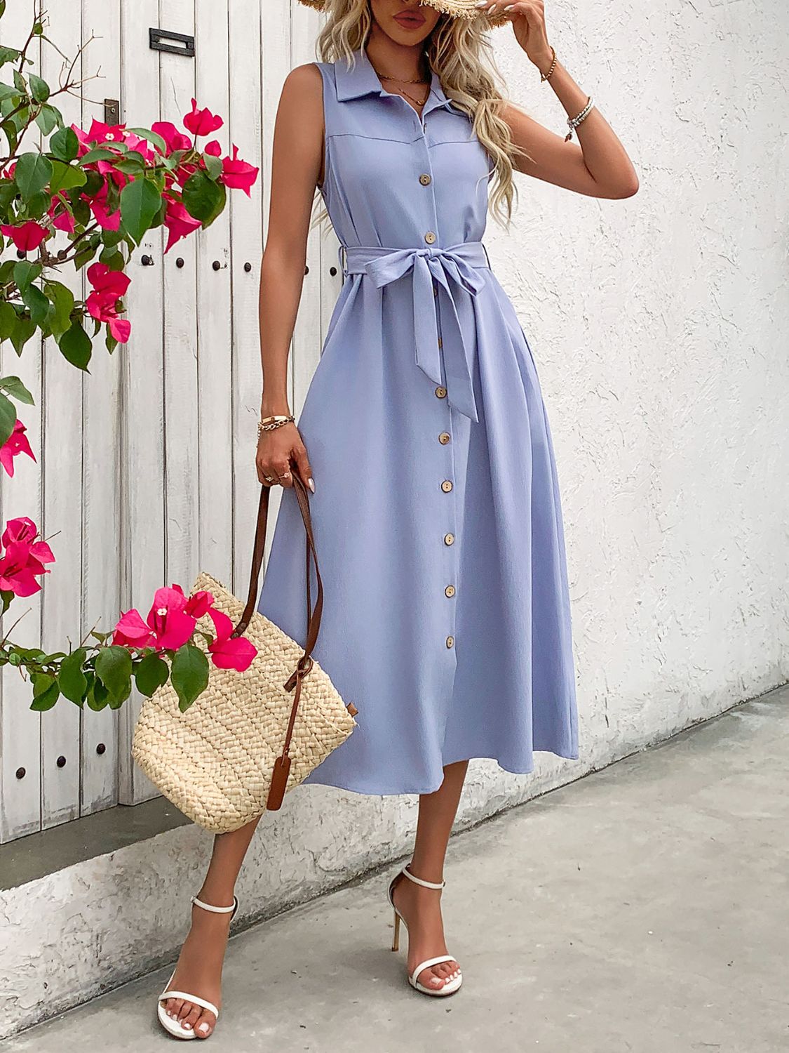 Collared Neck Sleeveless Dress | Midi A-line Sleeveless Dress W/ Tie Waist