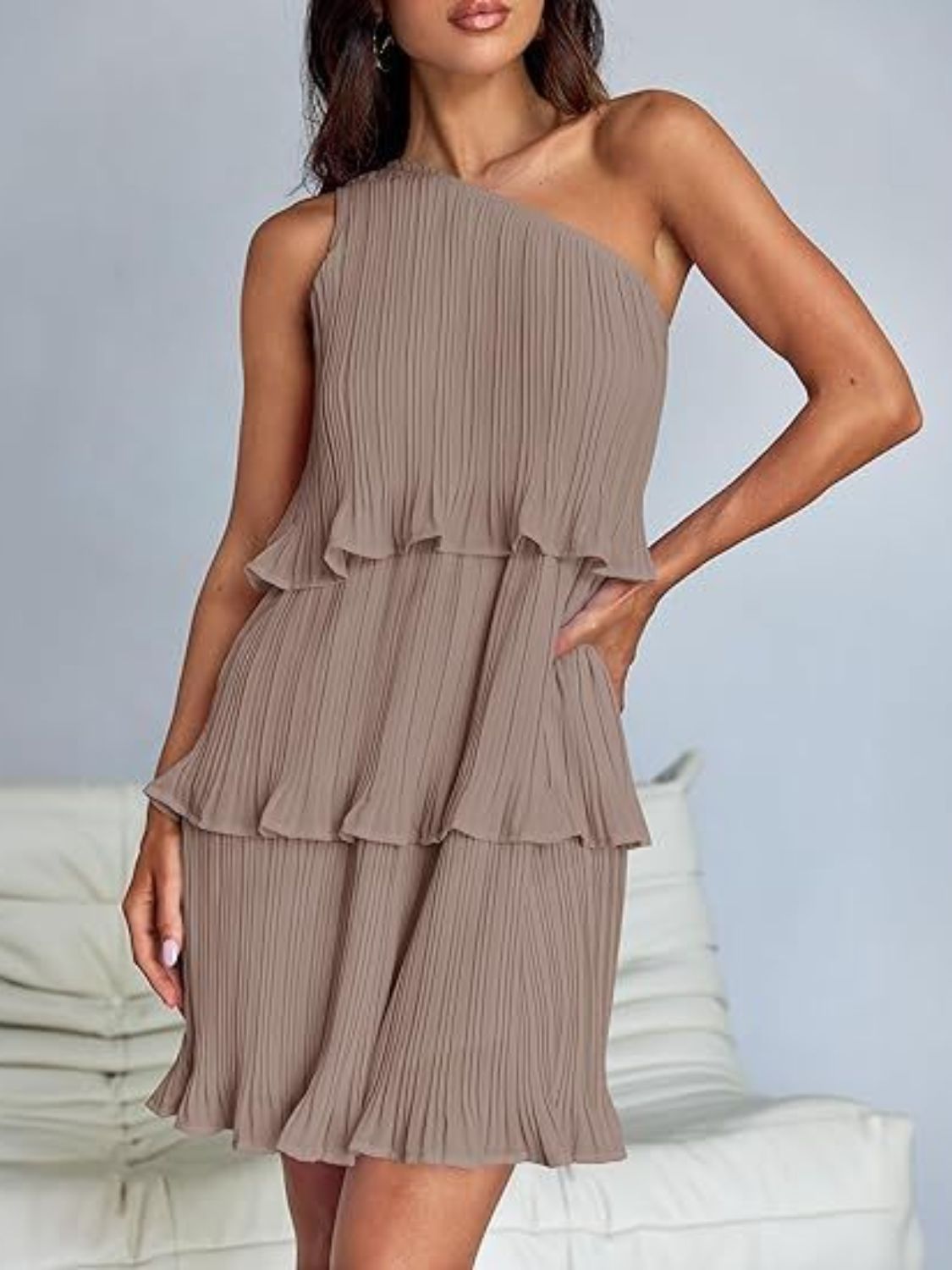 Layered Single Shoulder Mini Dress | Mini Sleeveless Dress W/ Asymmetrical neck