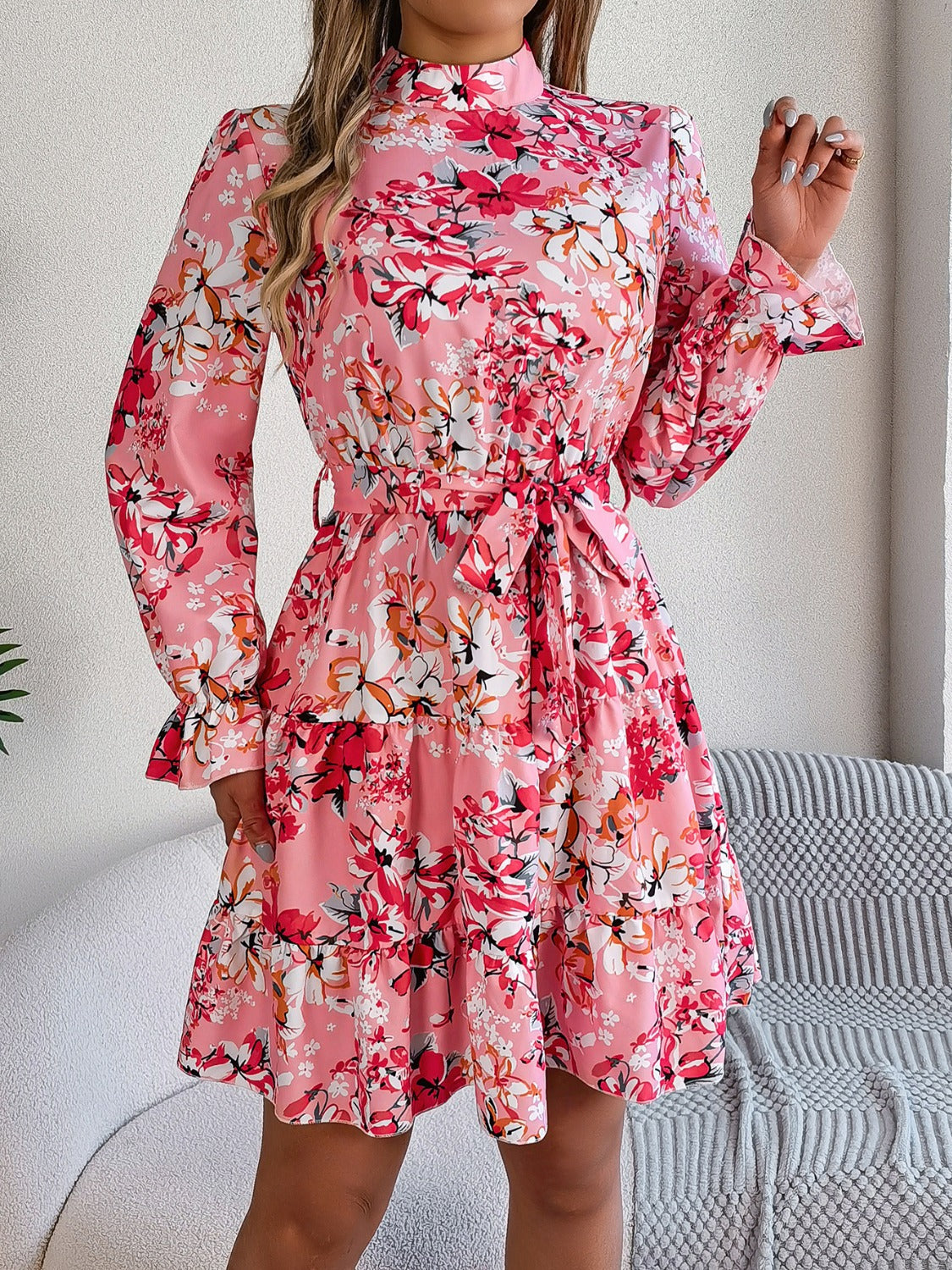 Printed Mock Neck Flounce Sleeve Mini Dress | Casual Floral Polyester Dress