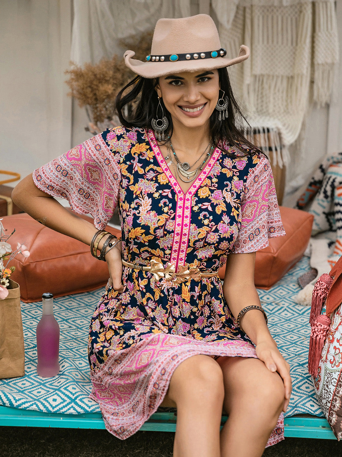 Printed V-Neck Short Sleeve Dress | Casual Mini A-line Bohemian Viscose Dress